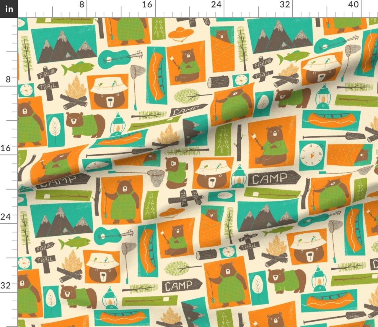 Woodland Camping Cute Bears Whimsical Rustic Lodge Mountain Canoe Camp Fire Custom Printed Fabric by Spoonflower Various Fabrics by the Yard or Fat Quarter